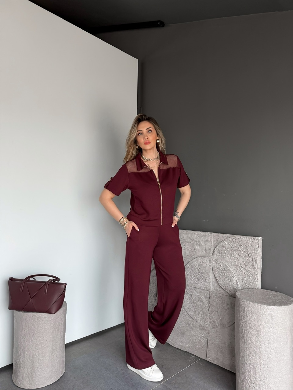 Bordo Omuzları Fileli Modal Takım