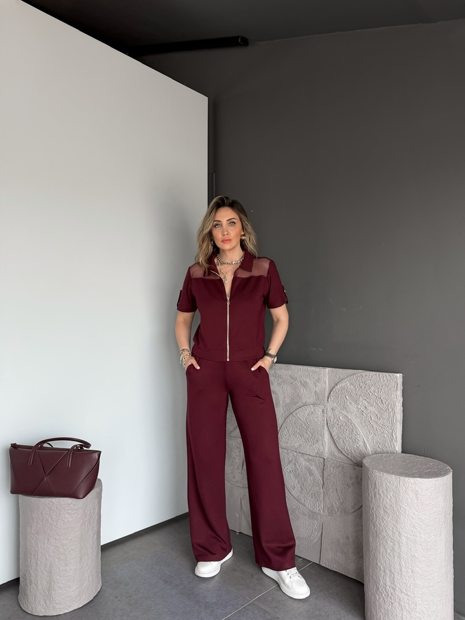 Bordo Omuzları Fileli Modal Takım