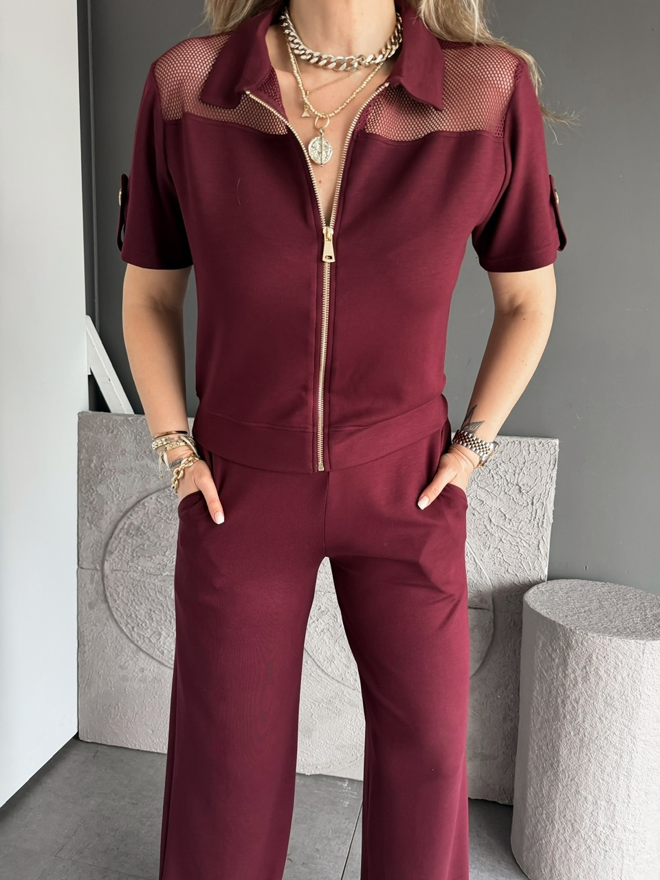 Bordo Omuzları Fileli Modal Takım