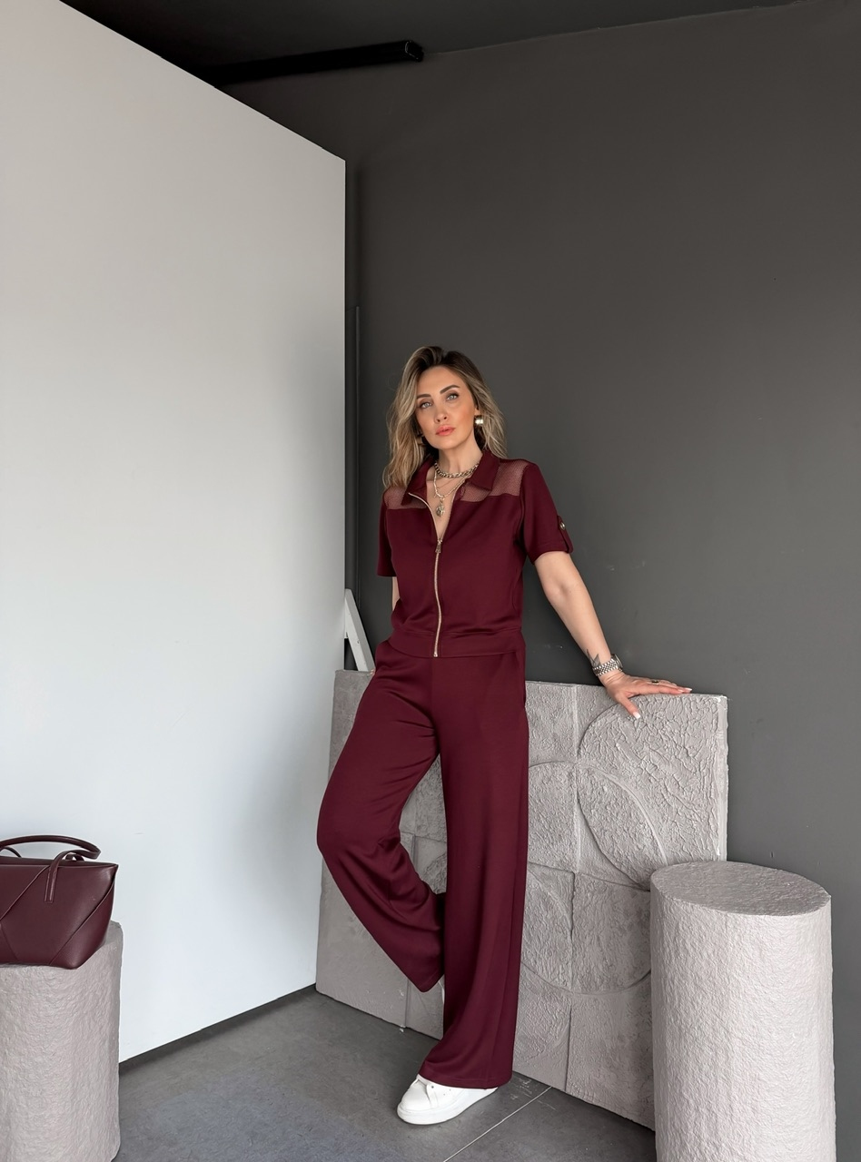 Bordo Omuzları Fileli Modal Takım