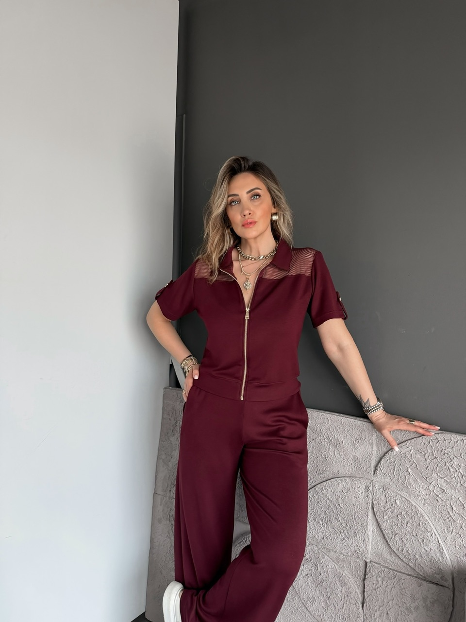 Bordo Omuzları Fileli Modal Takım