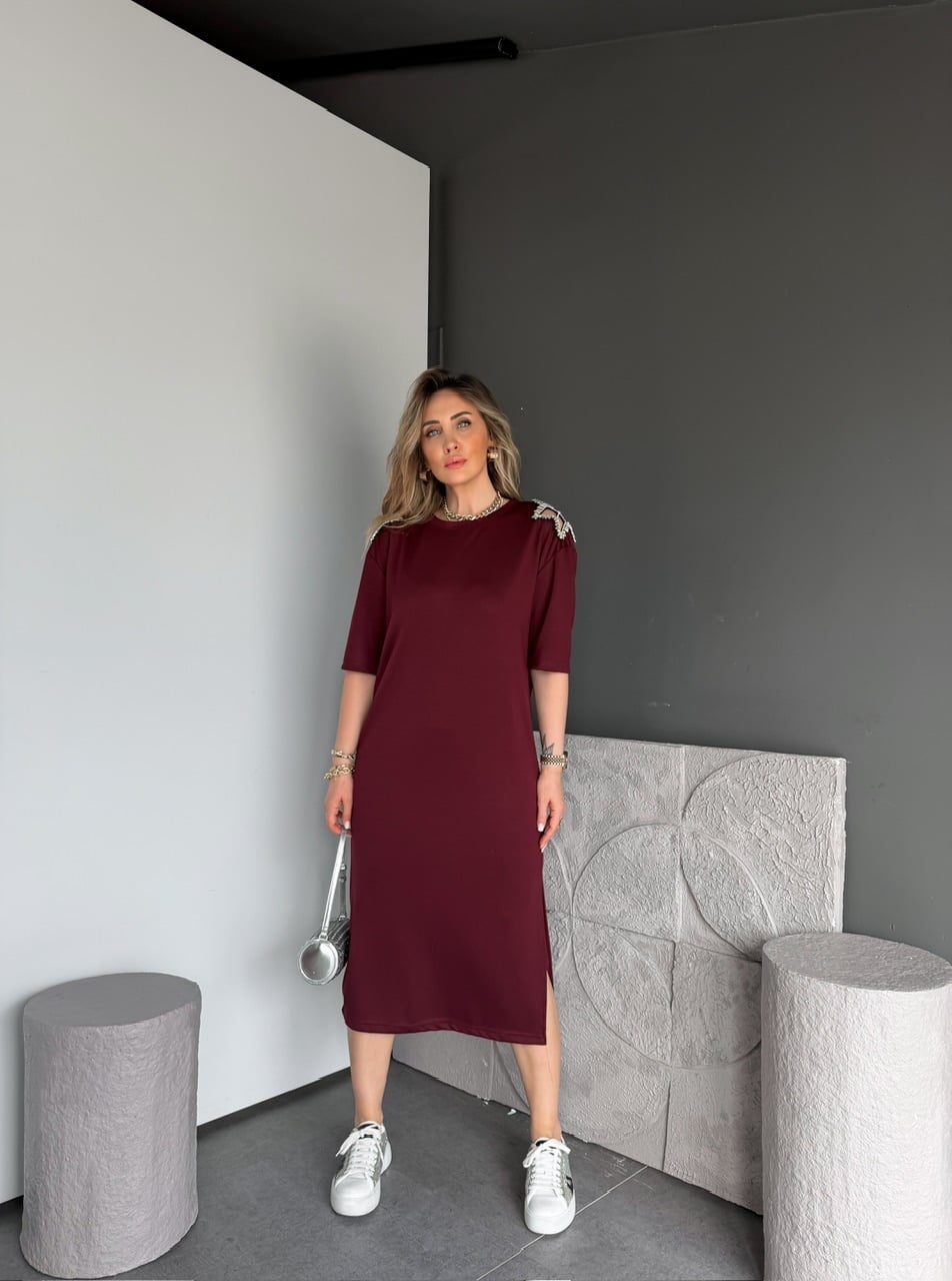 Bordo Omuzları Yıldız Taşlı Modal Elbise