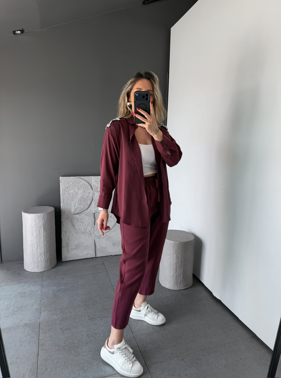 Bordo Omuzları Yıldız Taşlı Tensel Takım