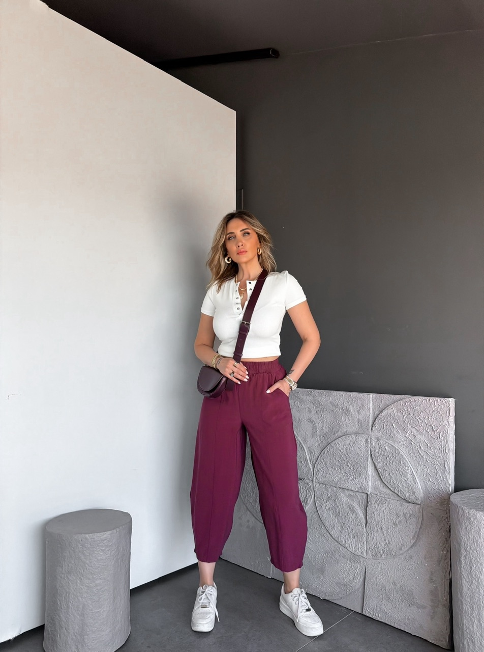 Bordo Ön Dikişli Lastikli Bol Pantolon