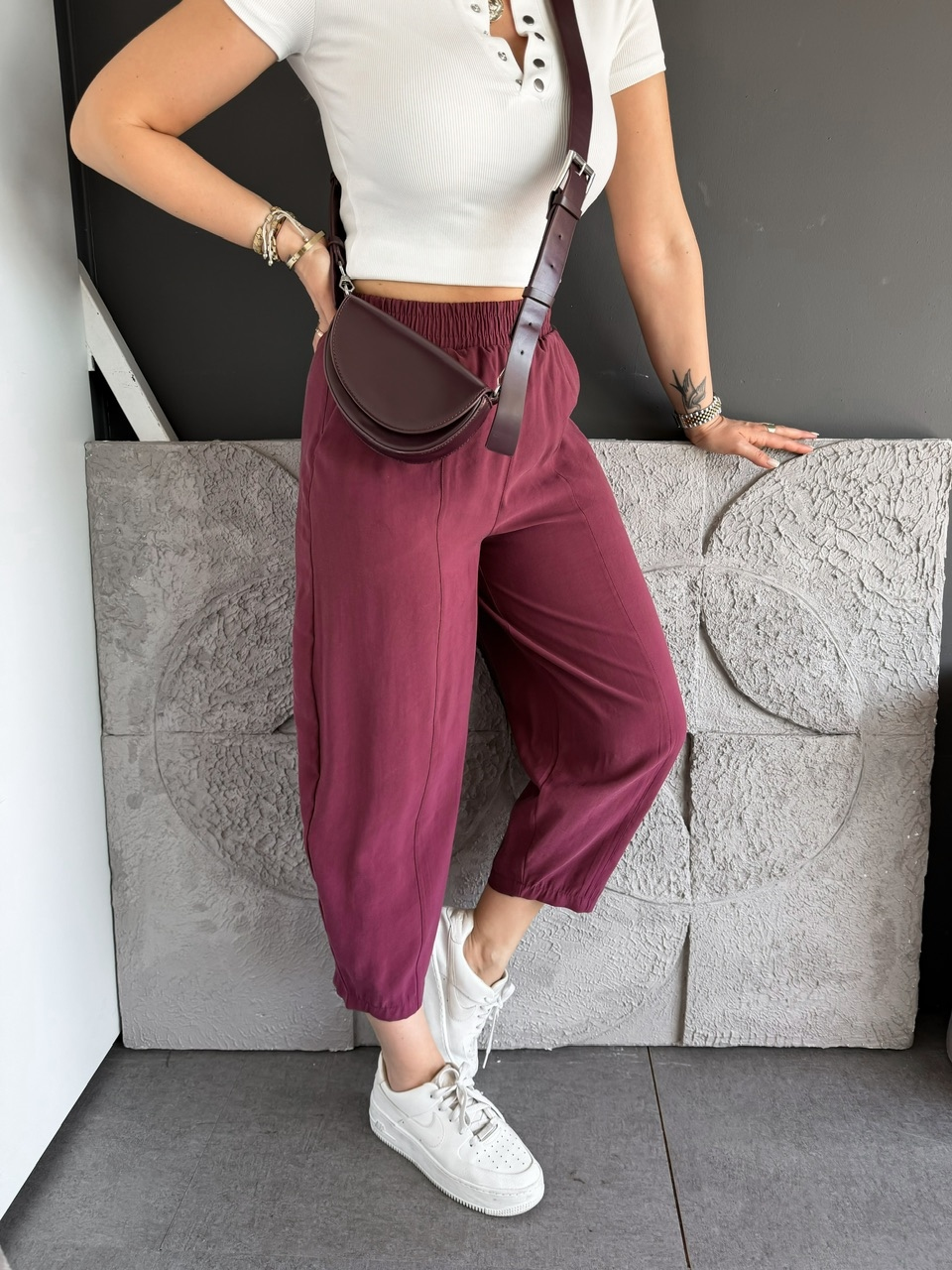 Bordo Ön Dikişli Lastikli Bol Pantolon