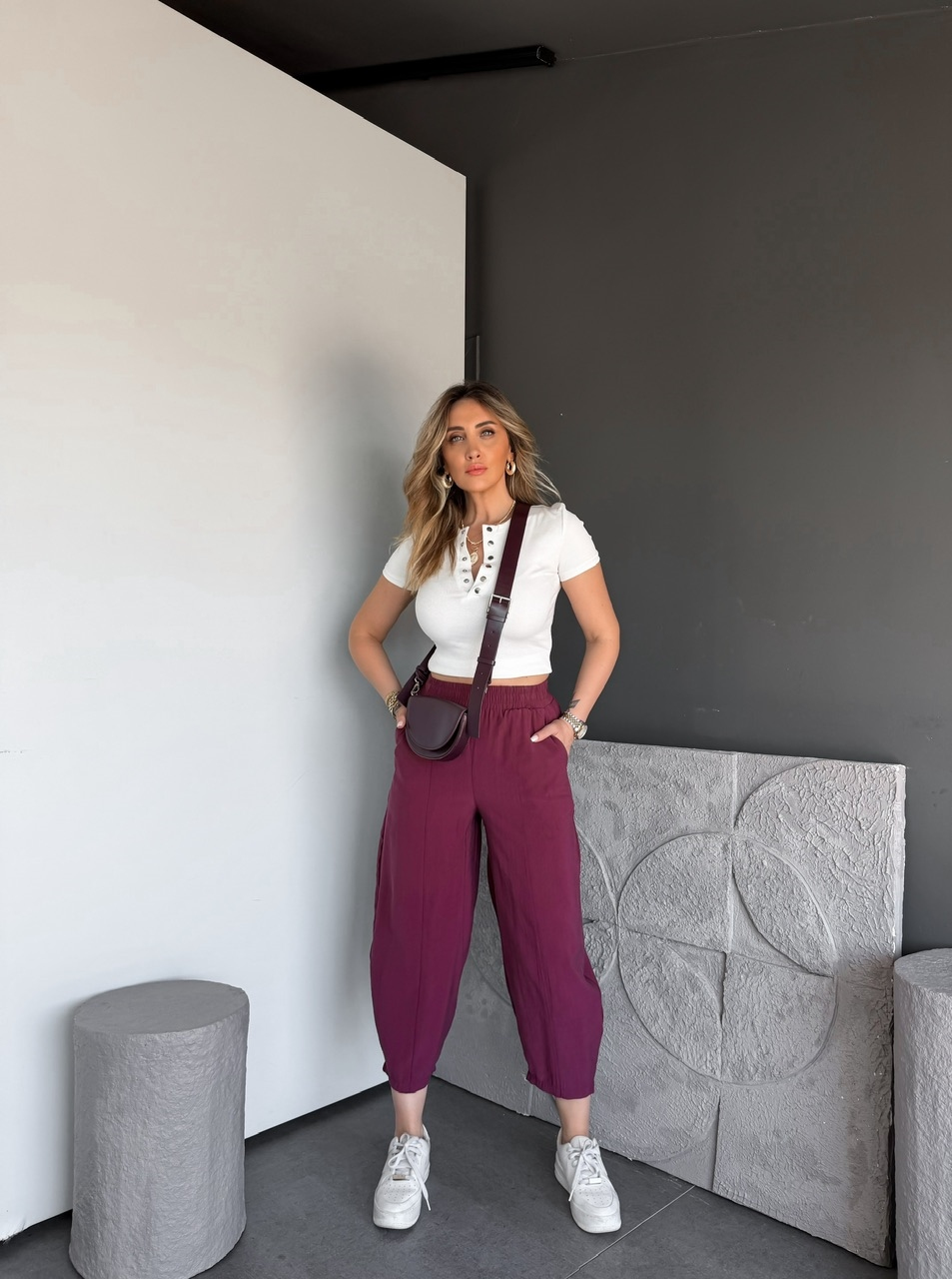 Bordo Ön Dikişli Lastikli Bol Pantolon