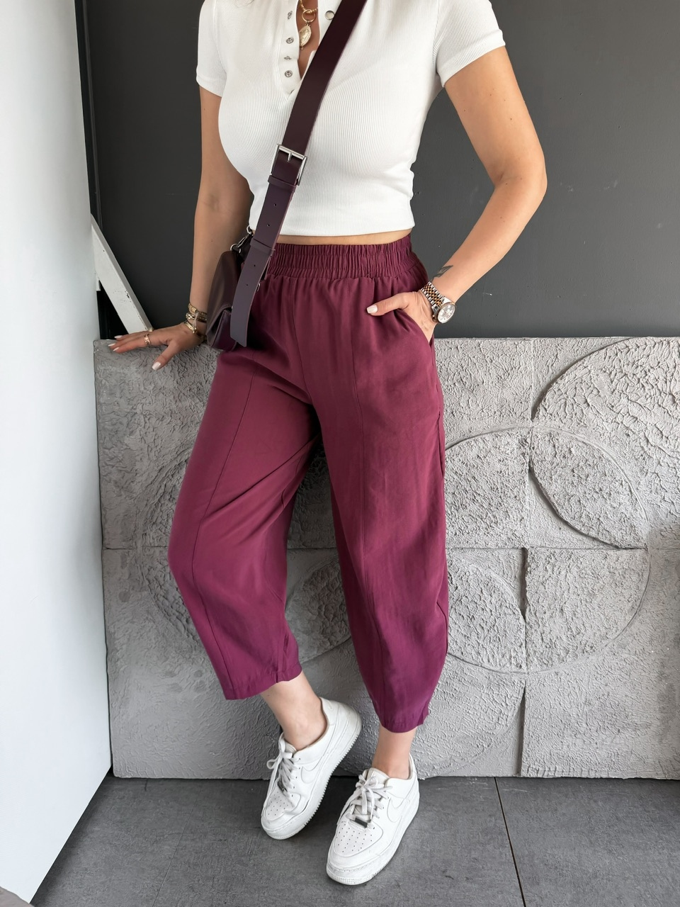 Bordo Ön Dikişli Lastikli Bol Pantolon