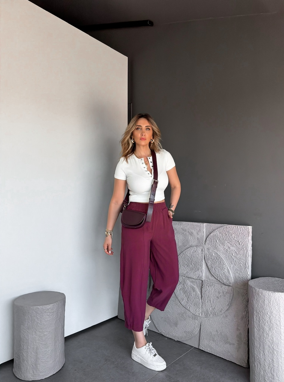 Bordo Ön Dikişli Lastikli Bol Pantolon