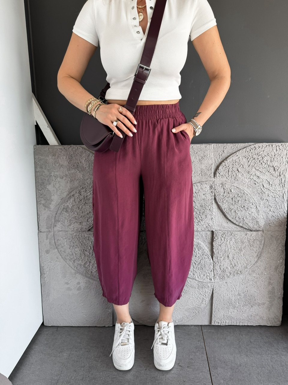 Bordo Ön Dikişli Lastikli Bol Pantolon
