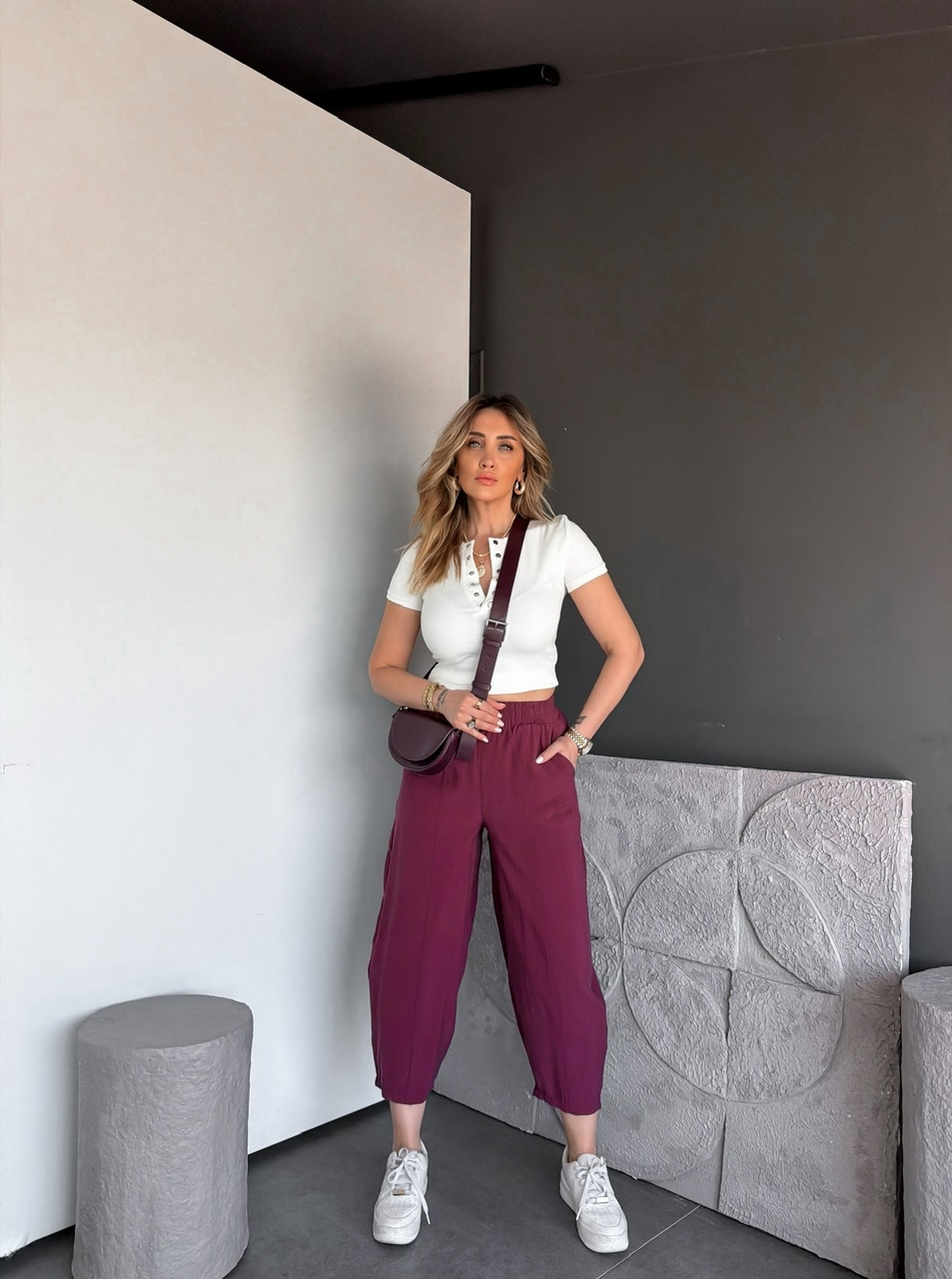 Bordo Ön Dikişli Lastikli Bol Pantolon