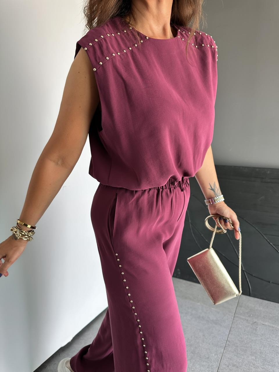 Bordo Pantolon Ve Bluzlu Zımbalı Takım