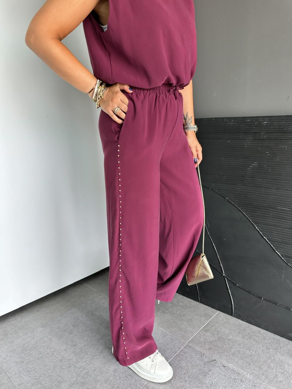 Bordo Pantolon Ve Bluzlu Zımbalı Takım