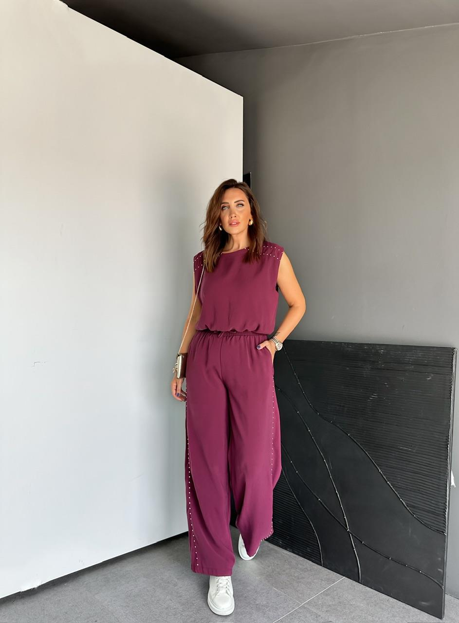 Bordo Pantolon Ve Bluzlu Zımbalı Takım