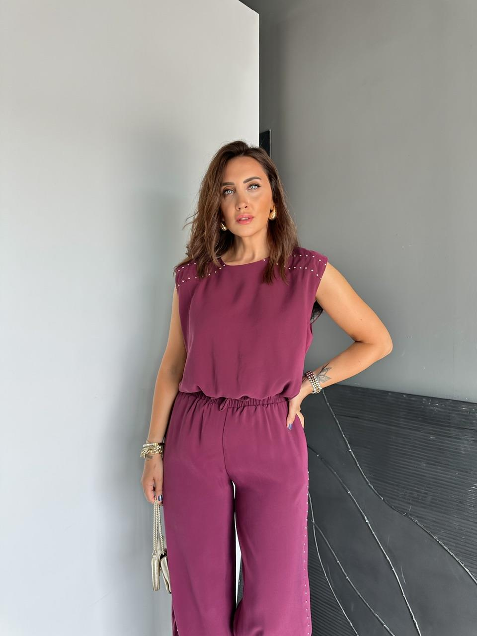 Bordo Pantolon Ve Bluzlu Zımbalı Takım