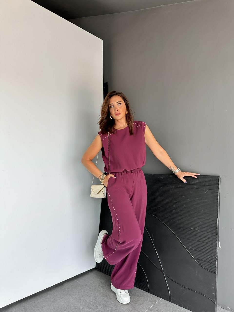 Bordo Pantolon Ve Bluzlu Zımbalı Takım