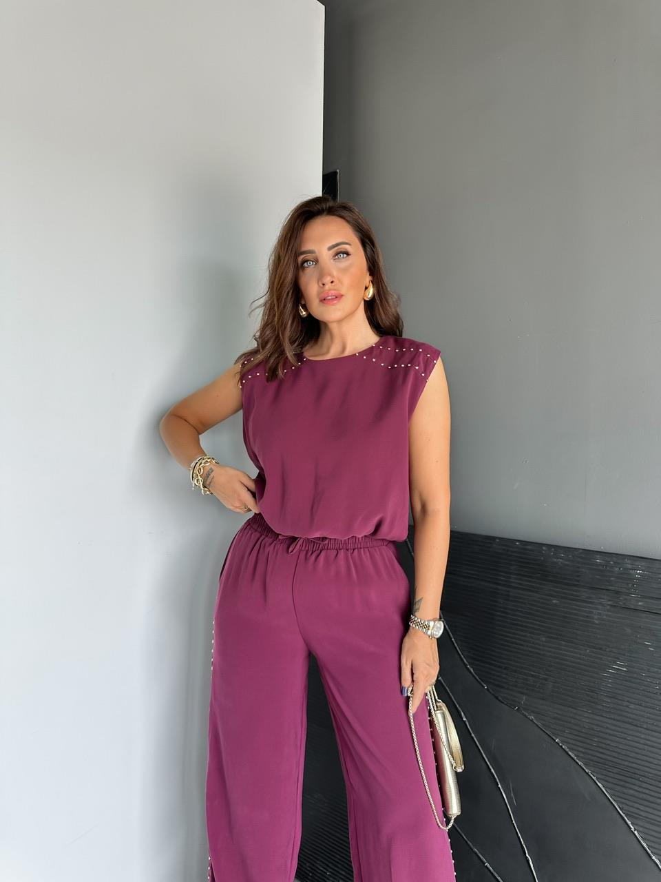 Bordo Pantolon Ve Bluzlu Zımbalı Takım