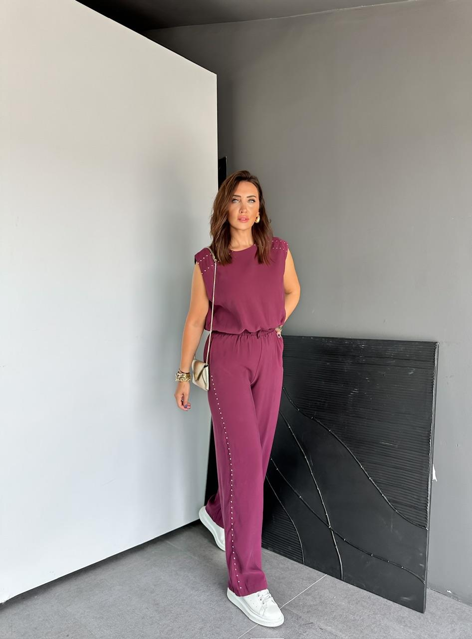 Bordo Pantolon Ve Bluzlu Zımbalı Takım