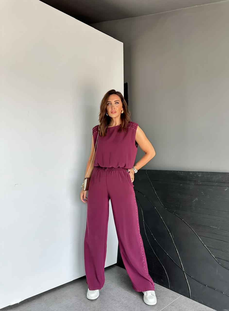 Bordo Pantolon Ve Bluzlu Zımbalı Takım