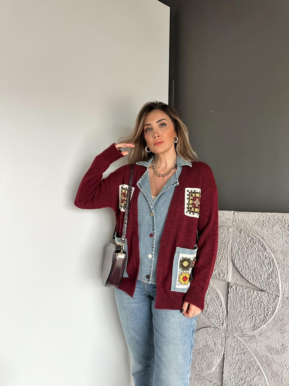 Bordo Patchwork Nakışlı Kot Parçalı Hırka