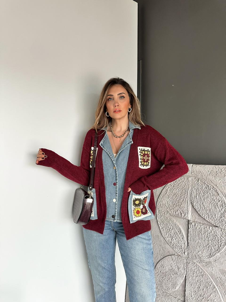 Bordo Patchwork Nakışlı Kot Parçalı Hırka