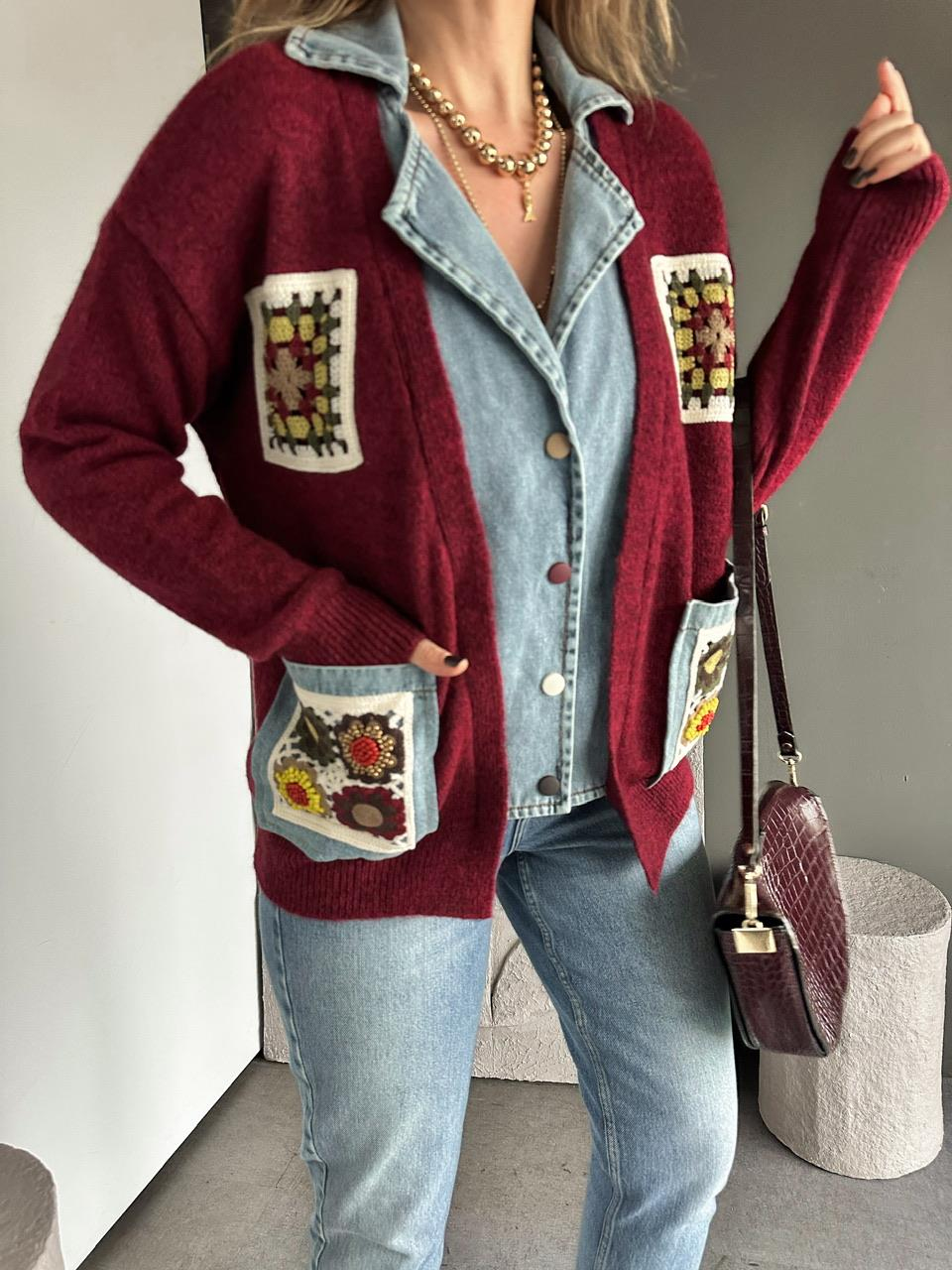Bordo Patchwork Nakışlı Kot Parçalı Hırka