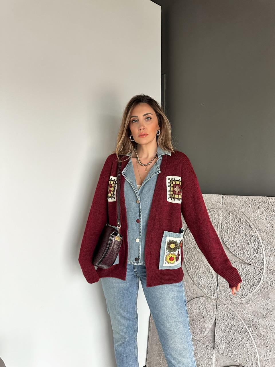 Bordo Patchwork Nakışlı Kot Parçalı Hırka