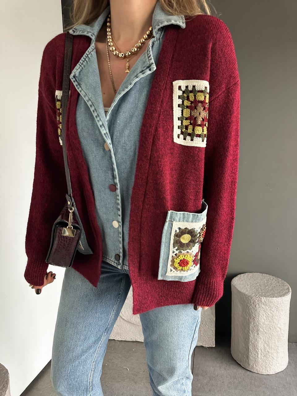 Bordo Patchwork Nakışlı Kot Parçalı Hırka
