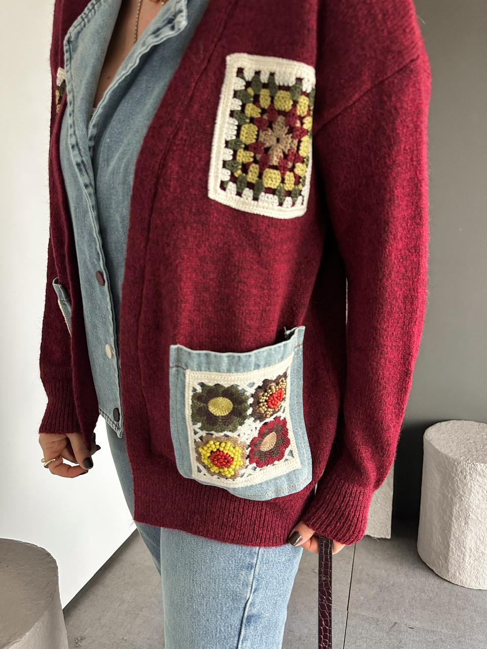 Bordo Patchwork Nakışlı Kot Parçalı Hırka