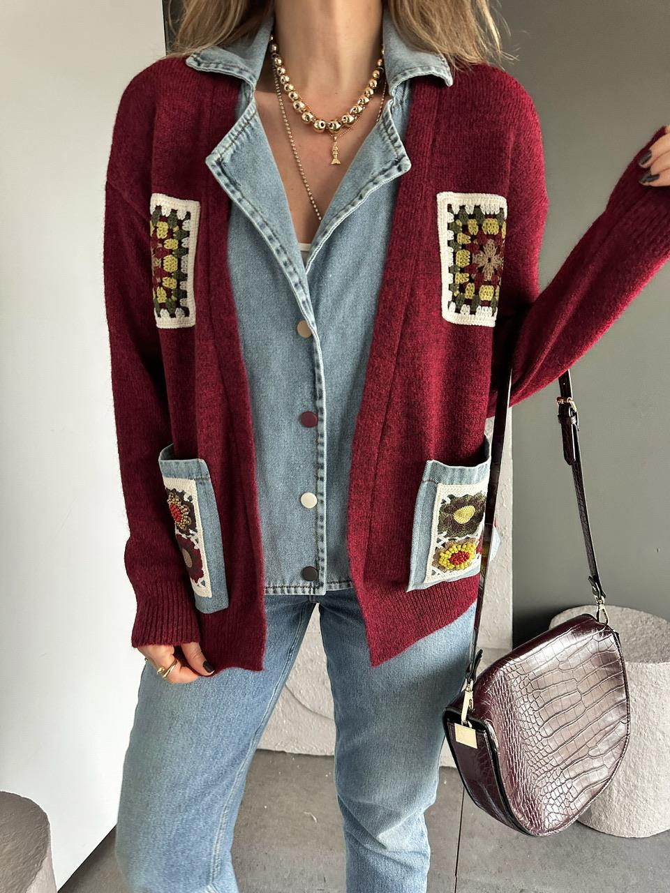 Bordo Patchwork Nakışlı Kot Parçalı Hırka