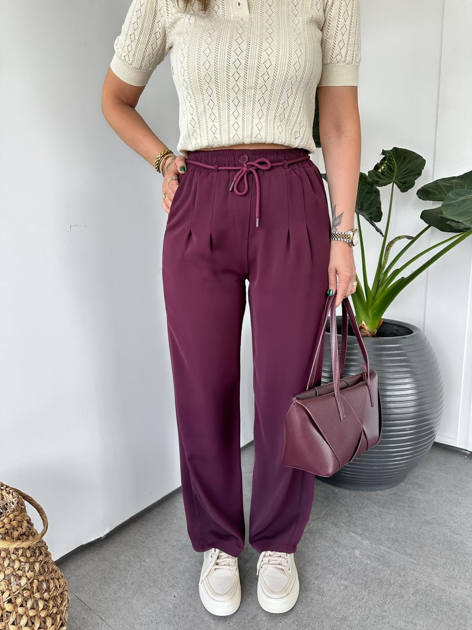 Bordo Pensli Beli İpli Pantolon