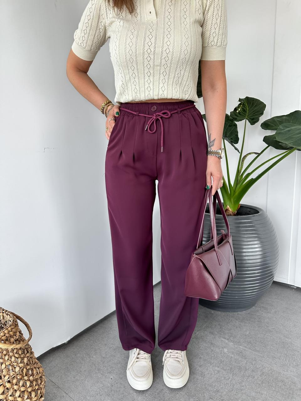Bordo Pensli Beli İpli Pantolon