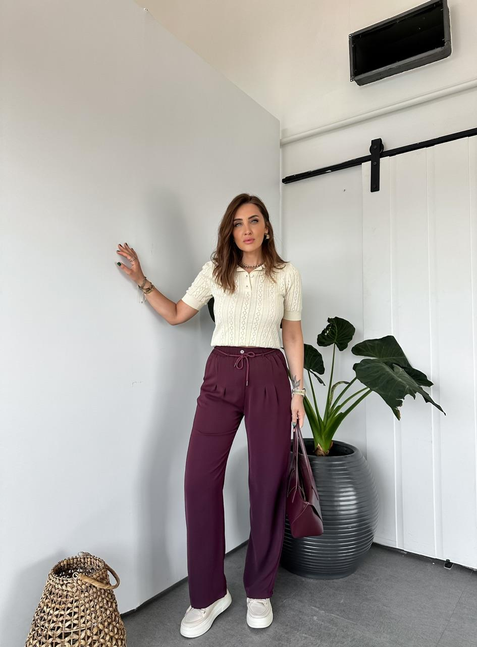 Bordo Pensli Beli İpli Pantolon