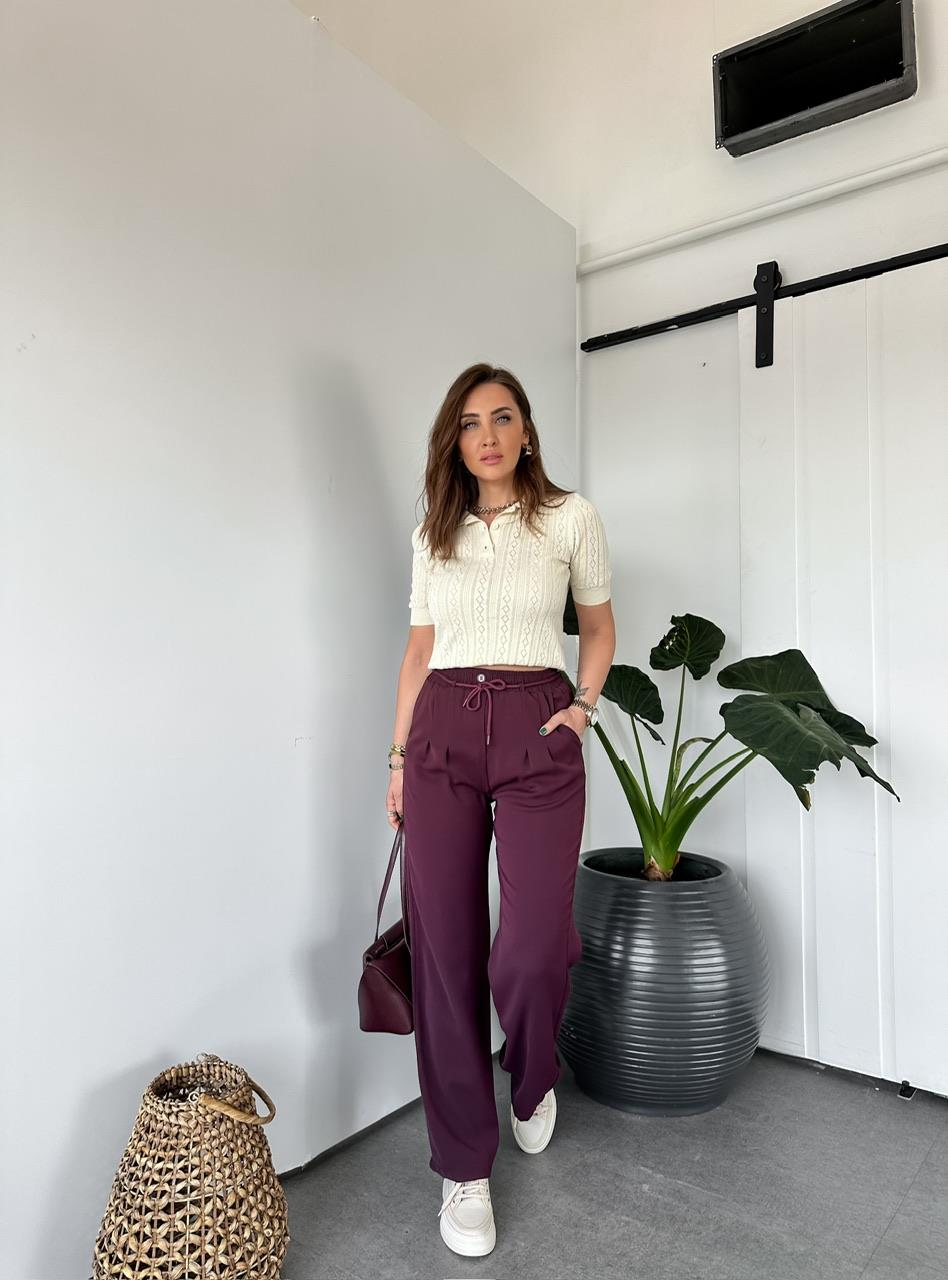 Bordo Pensli Beli İpli Pantolon
