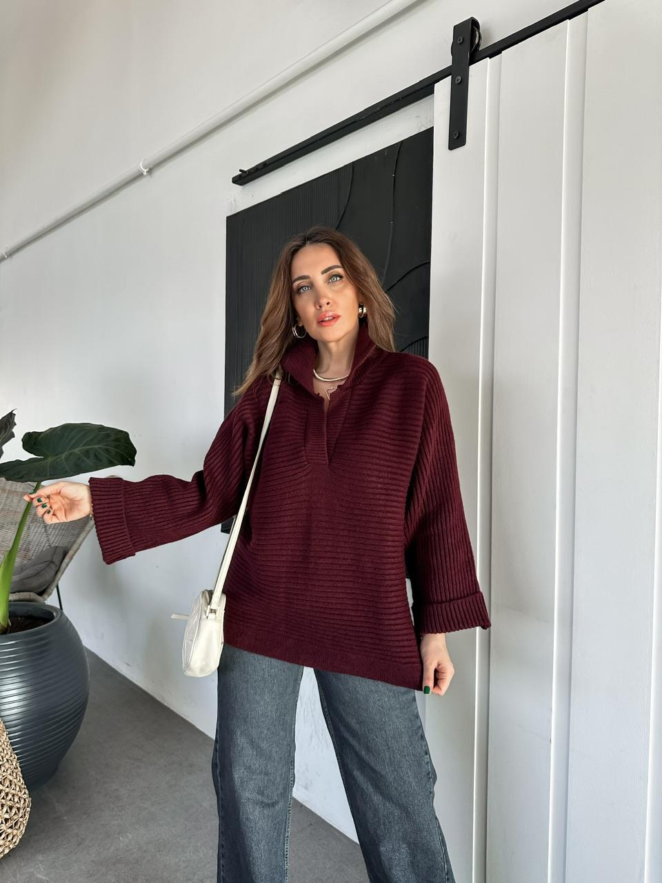Bordo Polo Yaka Çizgi Dokulu Kazak