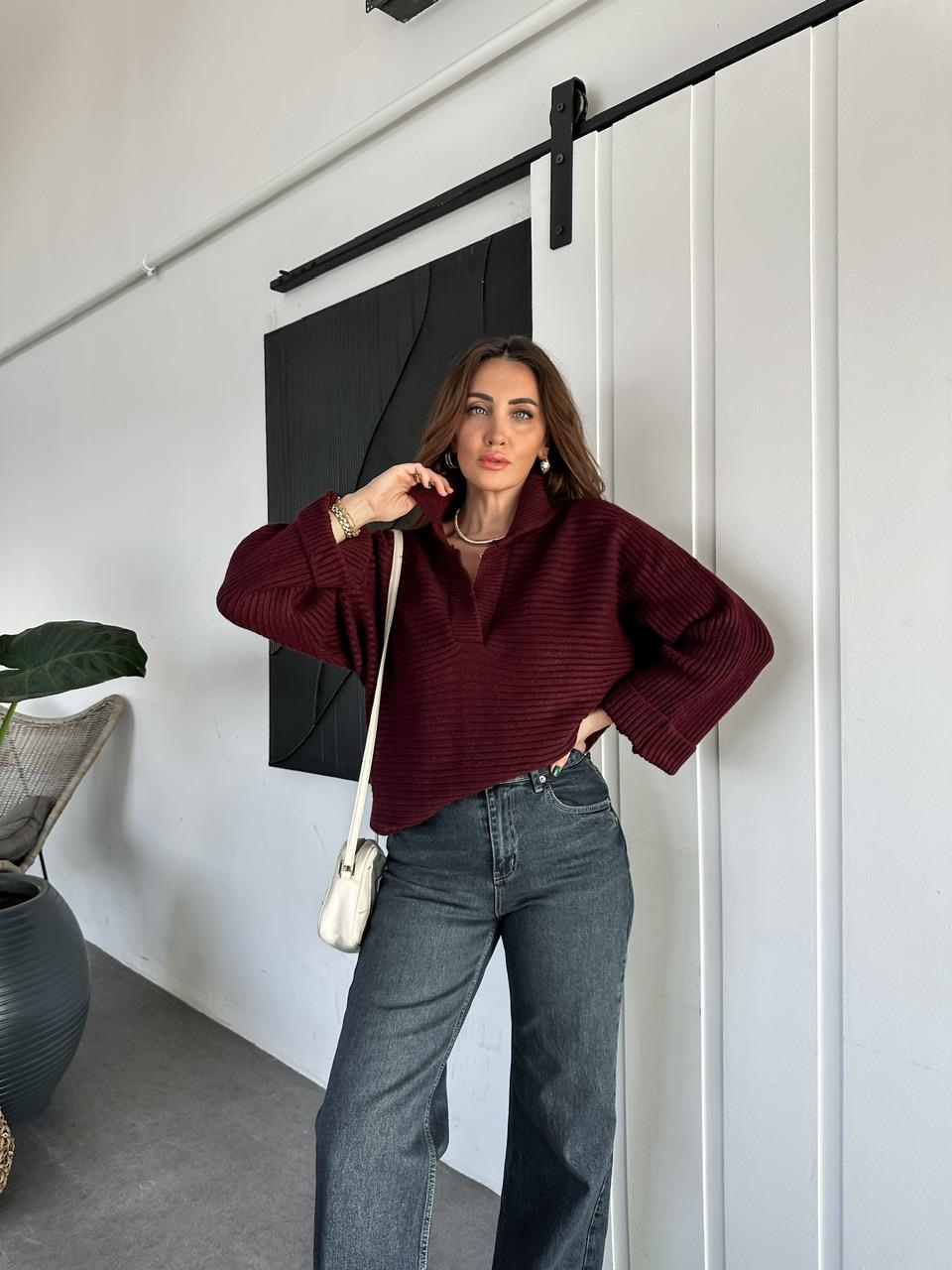 Bordo Polo Yaka Çizgi Dokulu Kazak