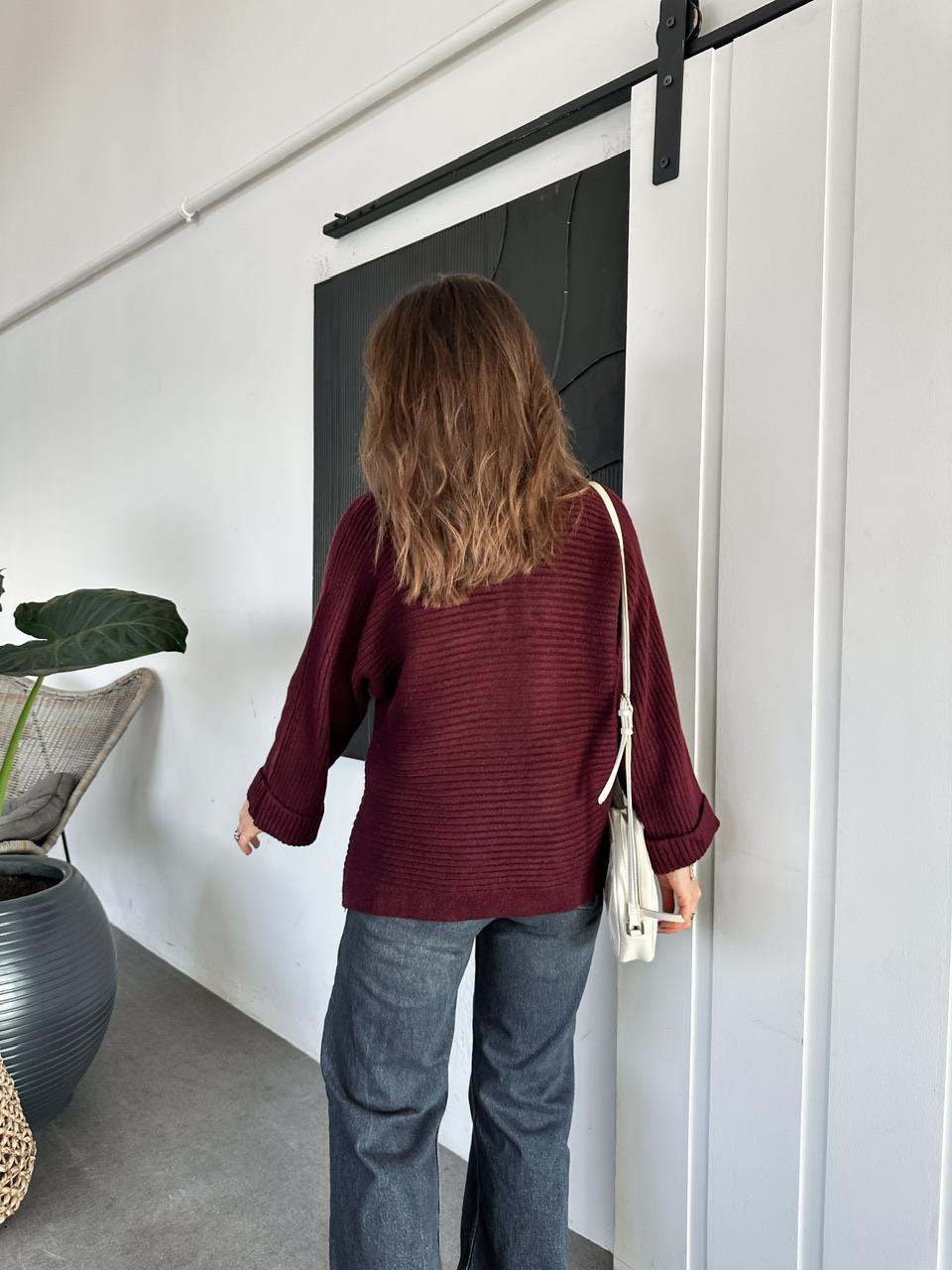 Bordo Polo Yaka Çizgi Dokulu Kazak
