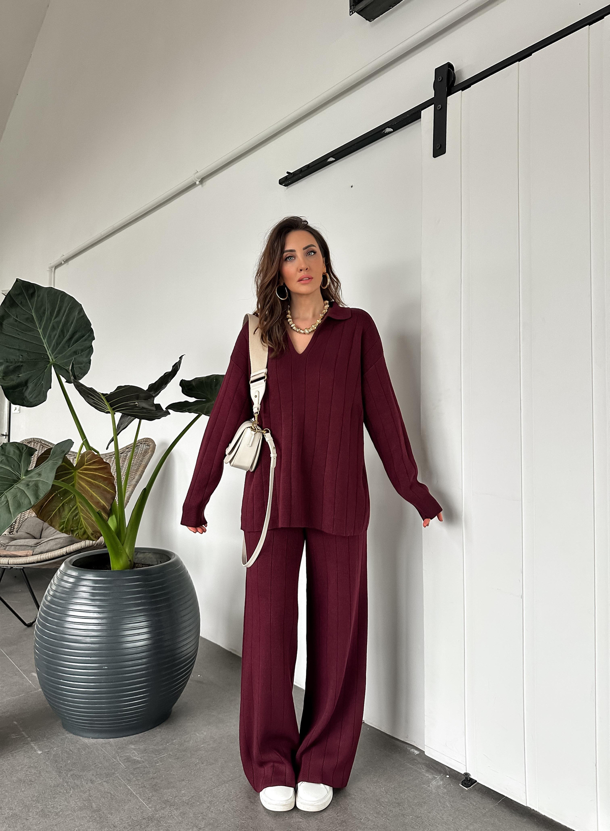 Bordo Polo Yaka Çizgi Dokulu Triko Takım