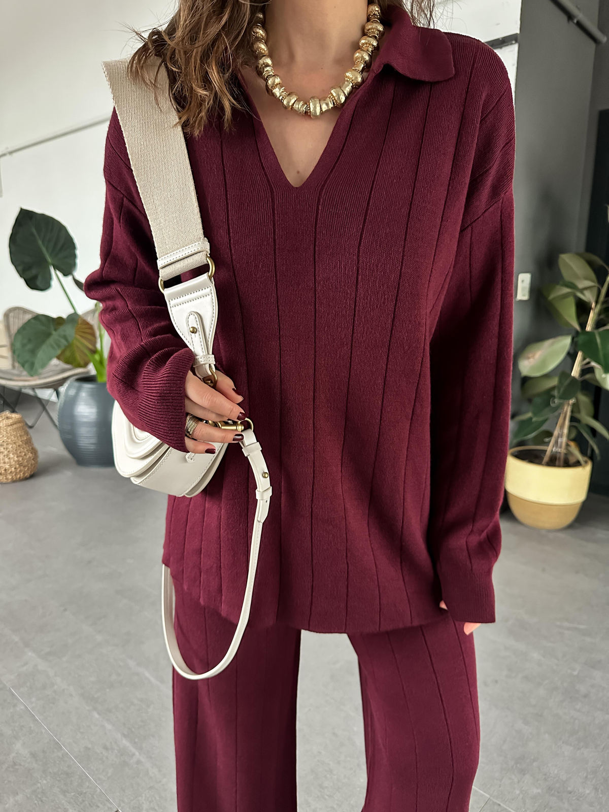 Bordo Polo Yaka Çizgi Dokulu Triko Takım