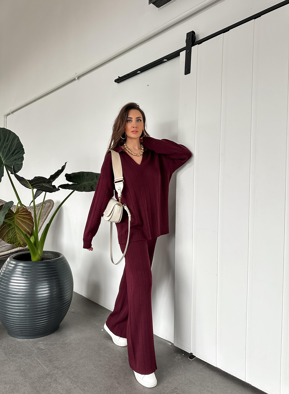 Bordo Polo Yaka Çizgi Dokulu Triko Takım