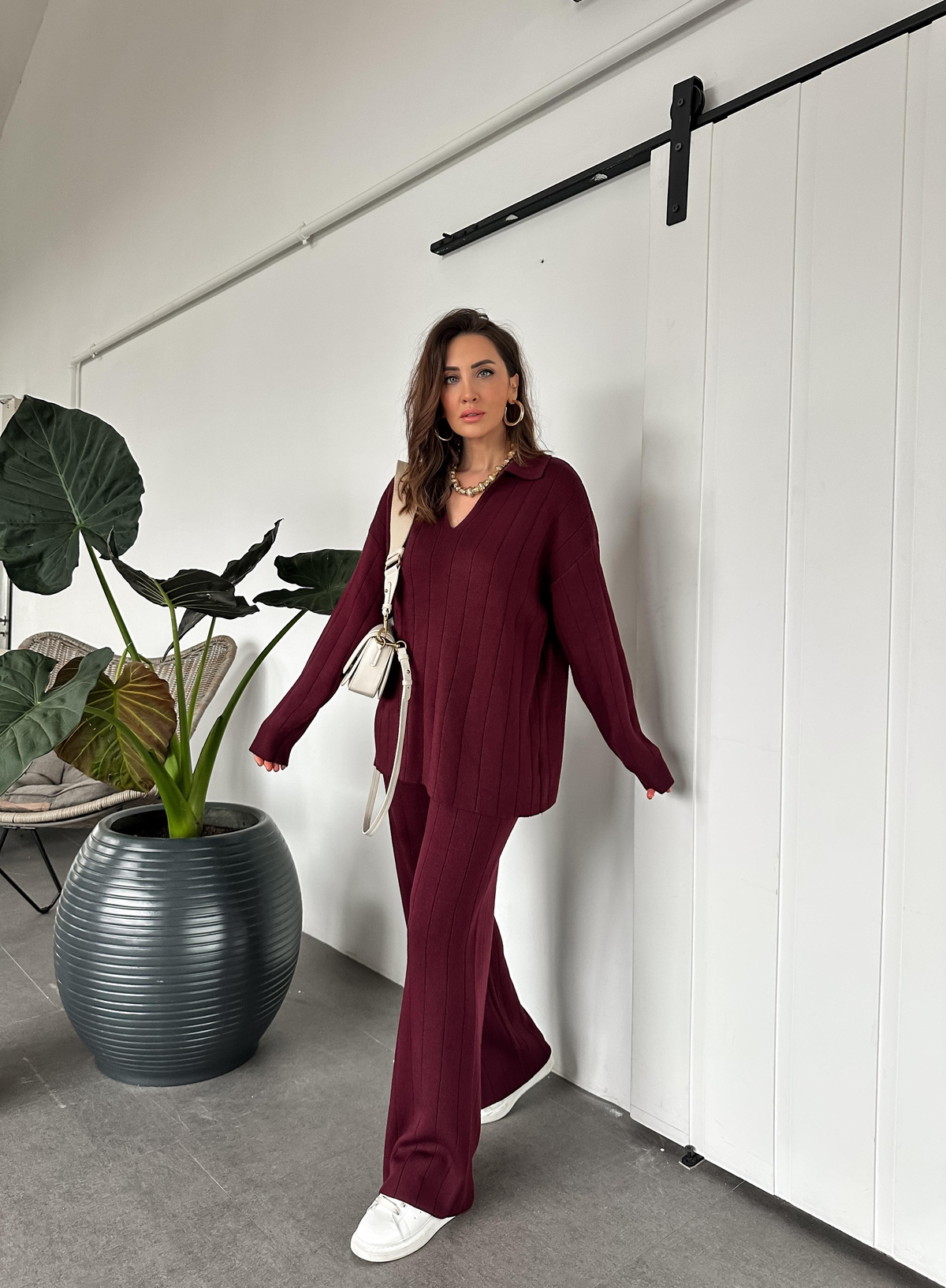 Bordo Polo Yaka Çizgi Dokulu Triko Takım