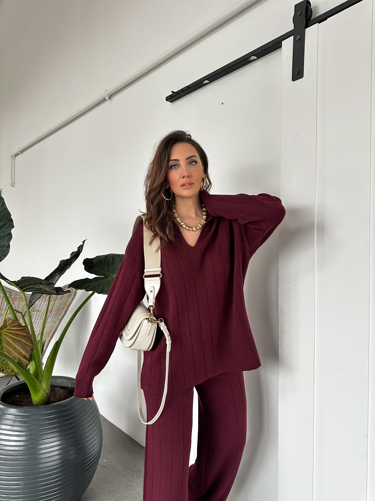 Bordo Polo Yaka Çizgi Dokulu Triko Takım