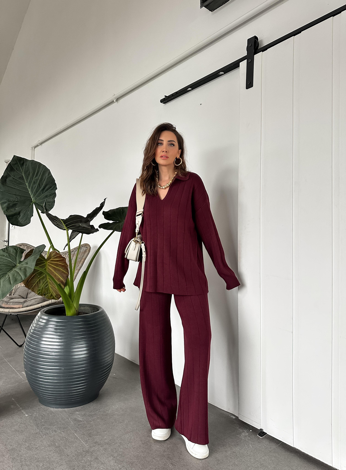 Bordo Polo Yaka Çizgi Dokulu Triko Takım