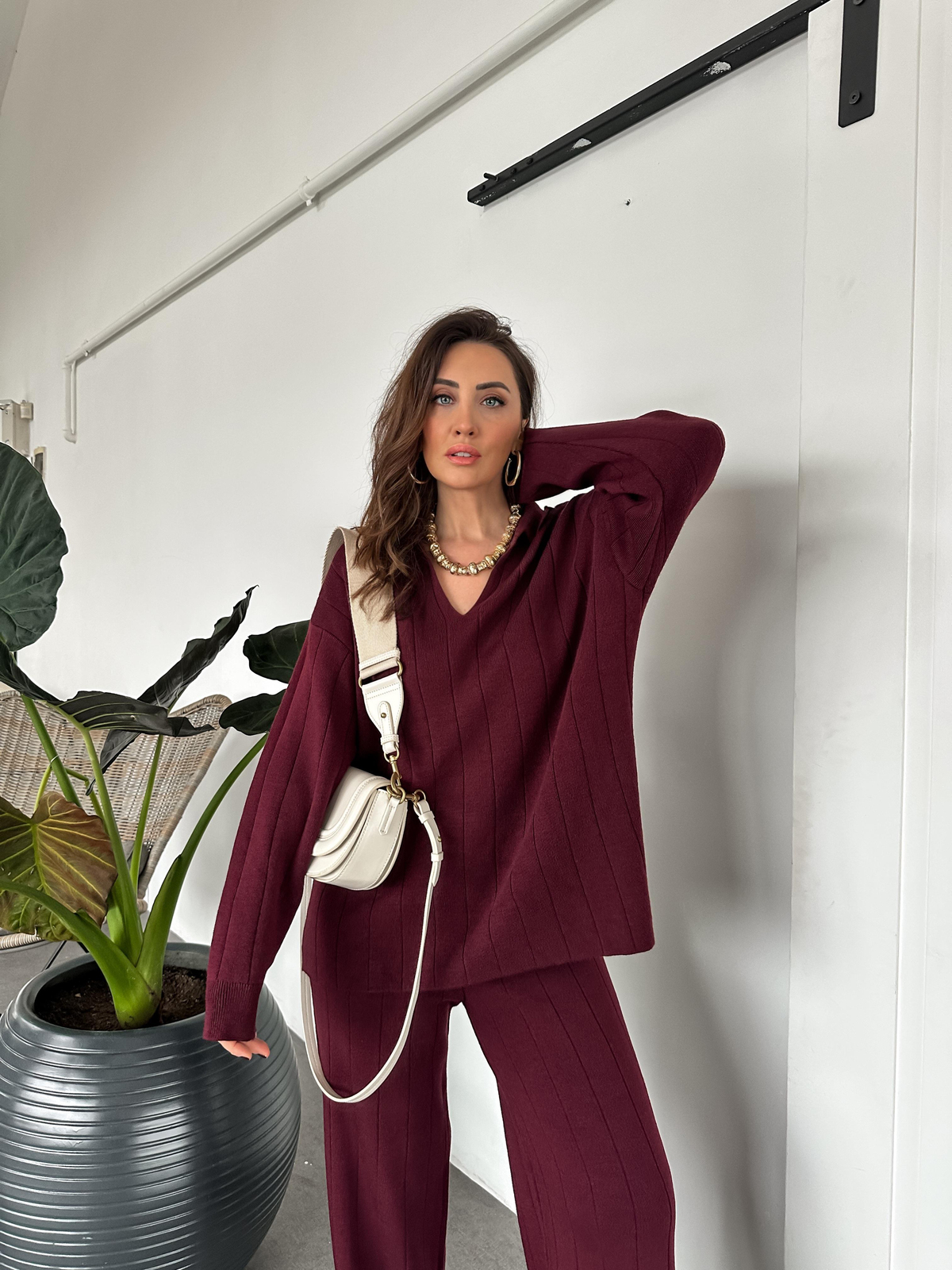 Bordo Polo Yaka Çizgi Dokulu Triko Takım