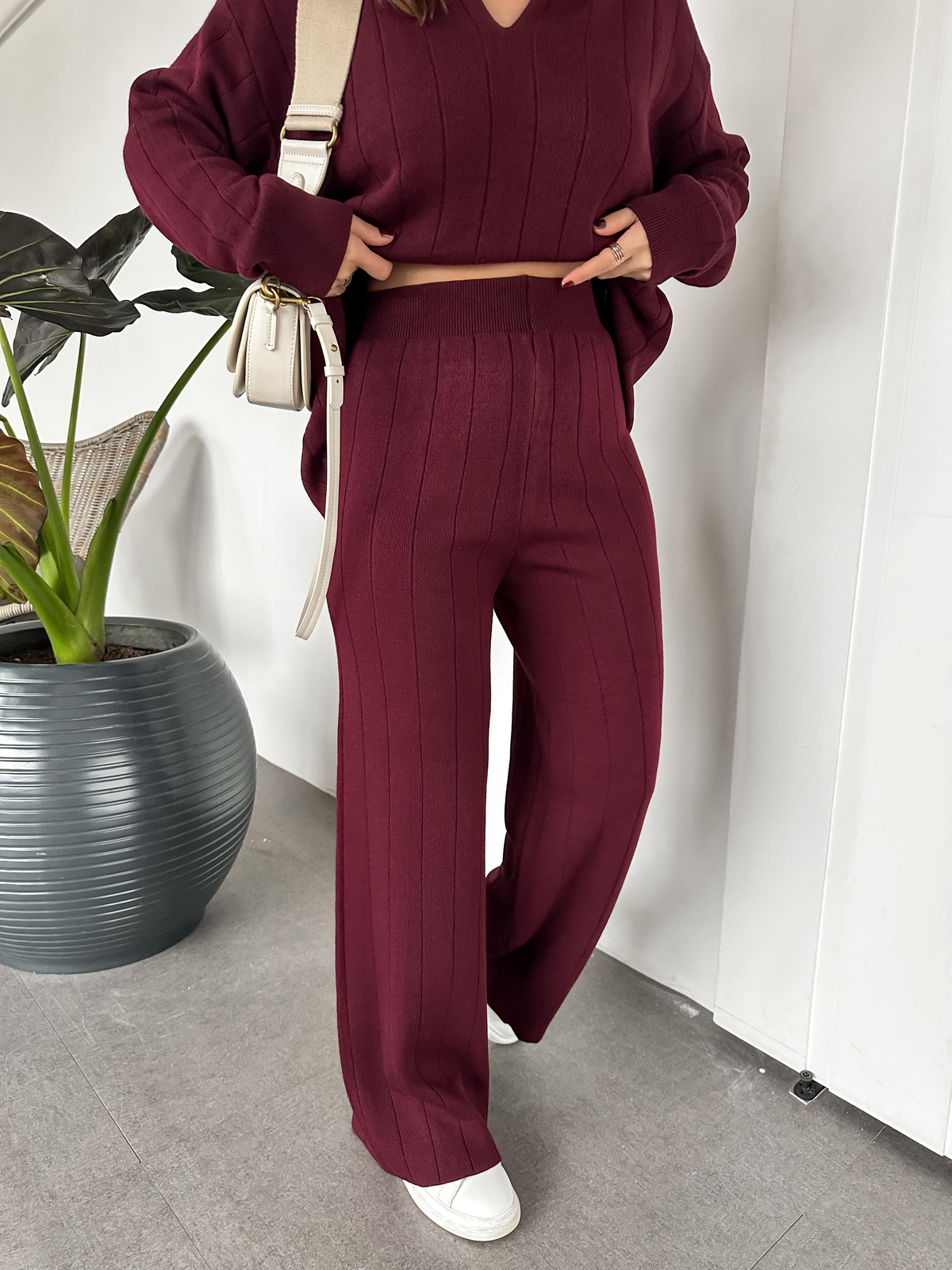 Bordo Polo Yaka Çizgi Dokulu Triko Takım