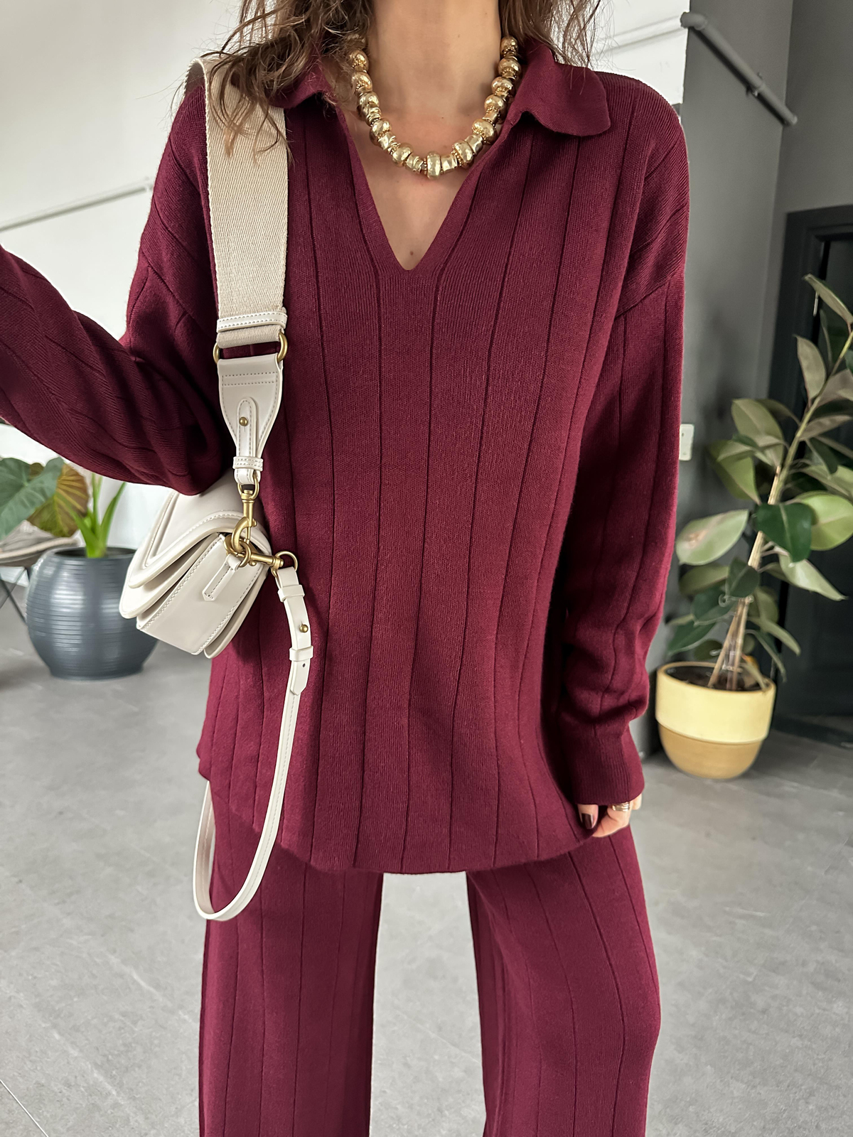 Bordo Polo Yaka Çizgi Dokulu Triko Takım