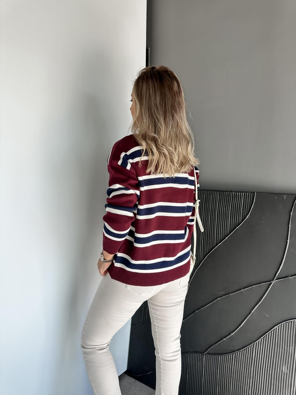 Bordo Polo Yaka Çizgili Kazak