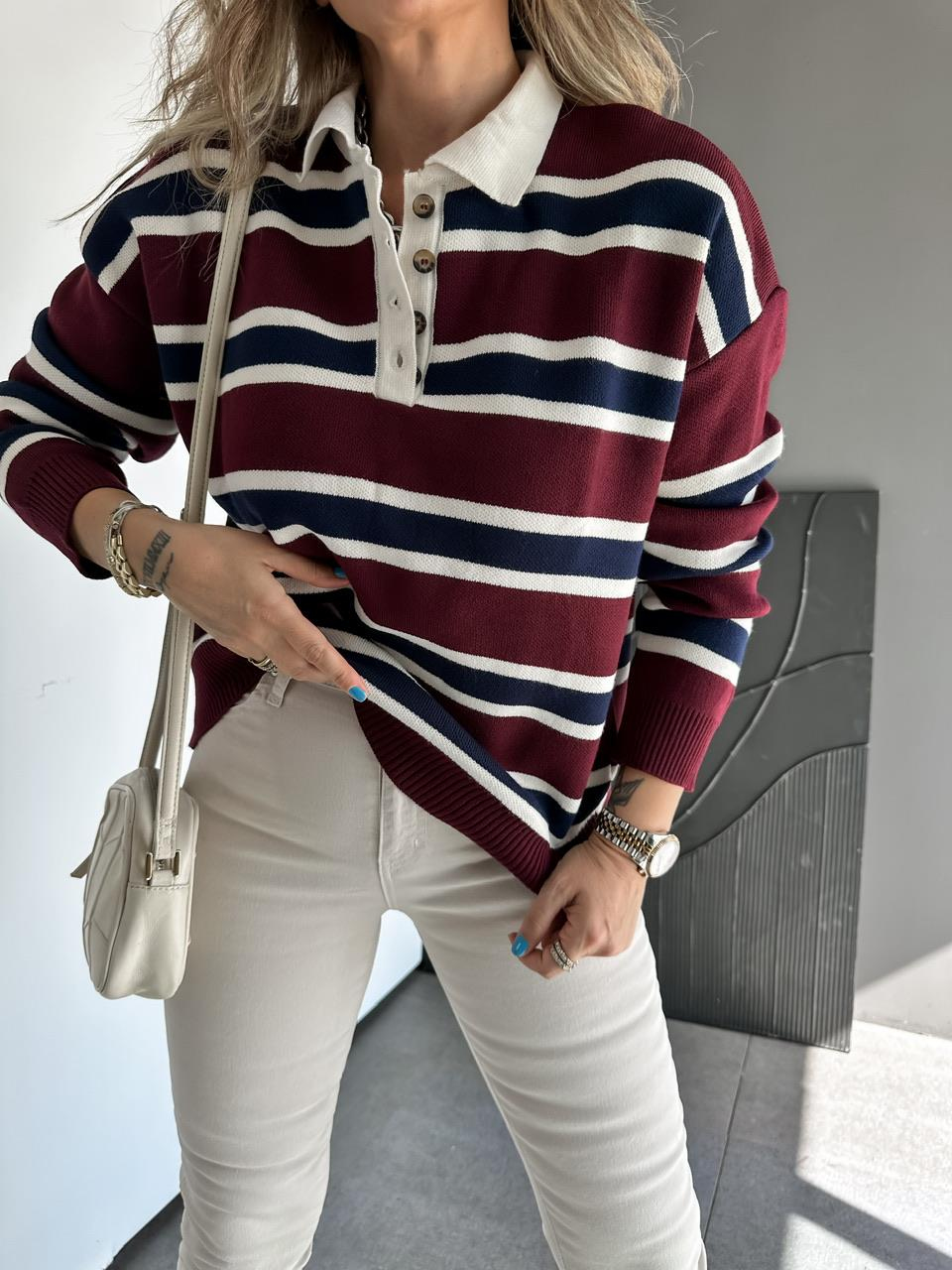 Bordo Polo Yaka Çizgili Kazak