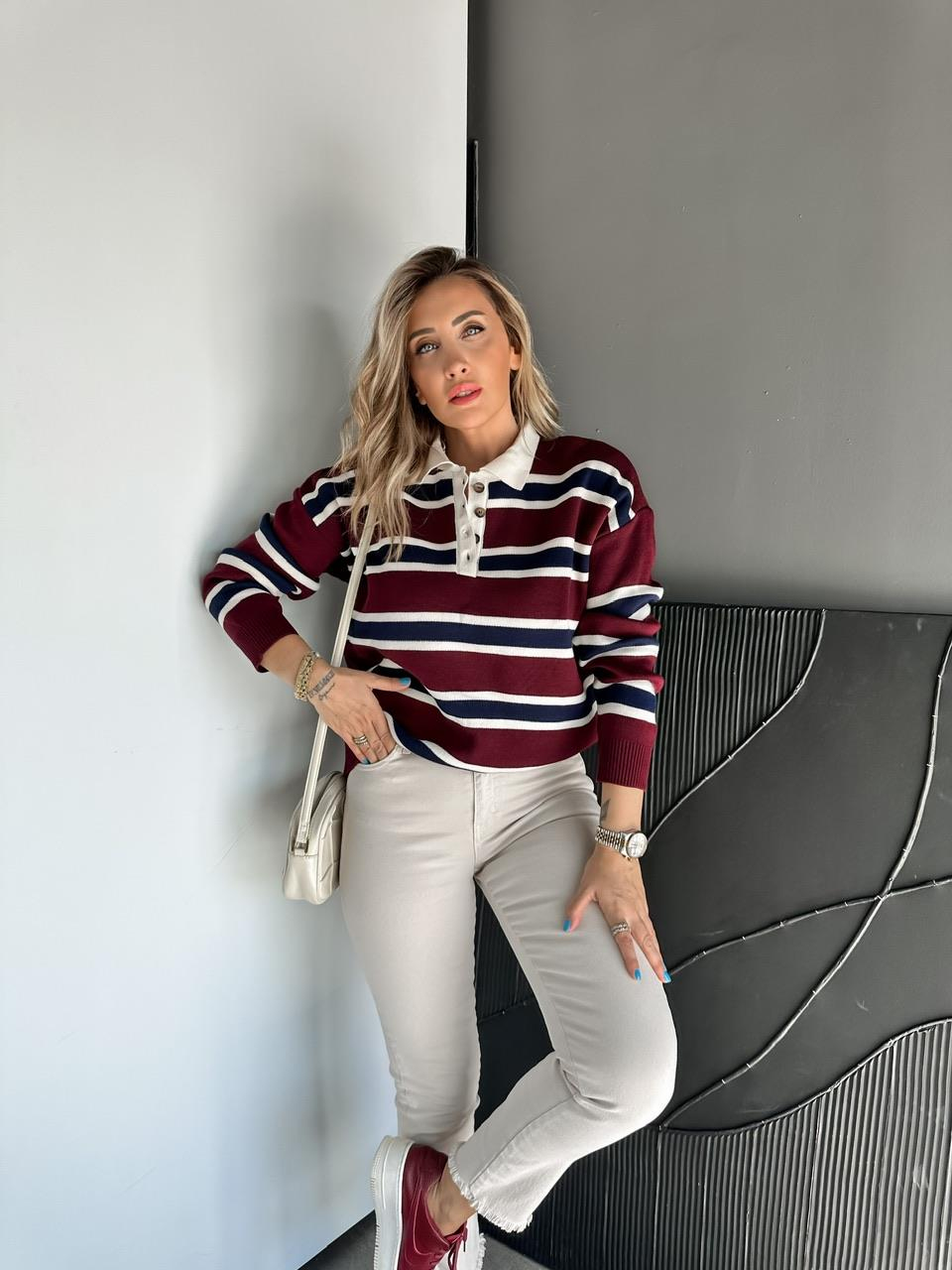 Bordo Polo Yaka Çizgili Kazak
