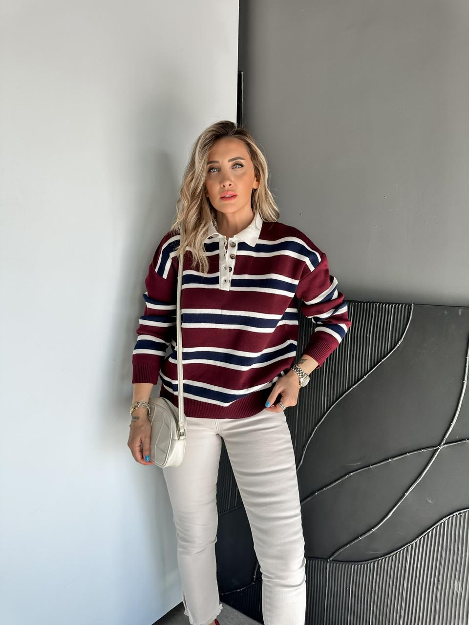 Bordo Polo Yaka Çizgili Kazak