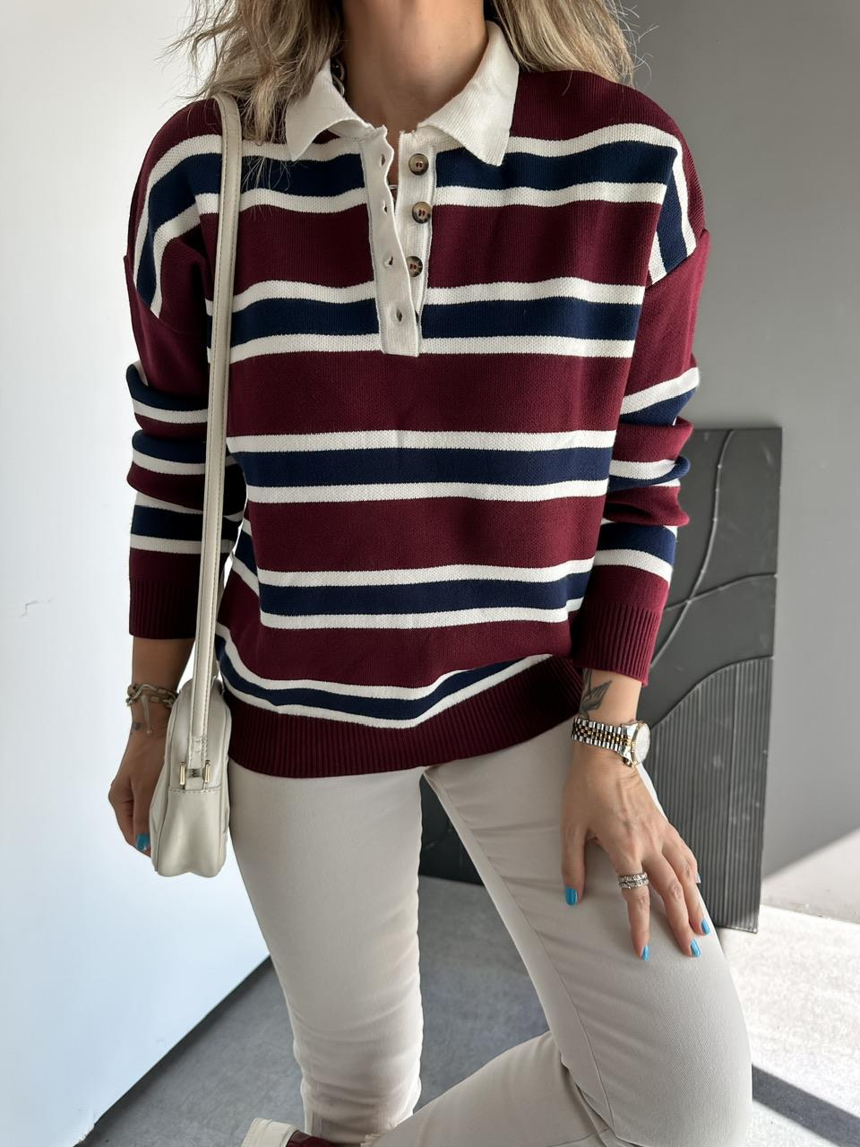 Bordo Polo Yaka Çizgili Kazak